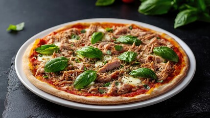Gourmet tuna and mozzarella pizza on a white plate, placed on a black stone background with a minimalist arrangement of basil and herbs.