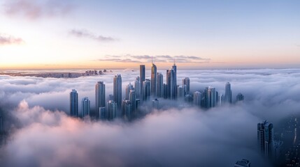 Fototapeta premium A dense layer of clouds hanging low over a city skyline, with only faint outlines of buildings visible through the mist