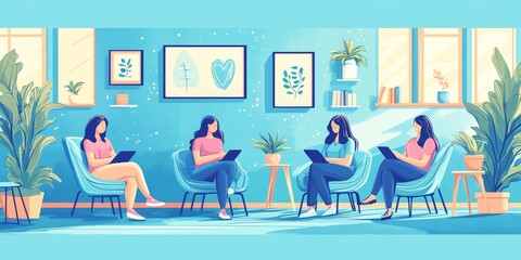 Wellness Coach with Clients: Illustrate a wellness coach discussing a personalized health plan with a client, using a digital tablet, in a bright, motivational setting.