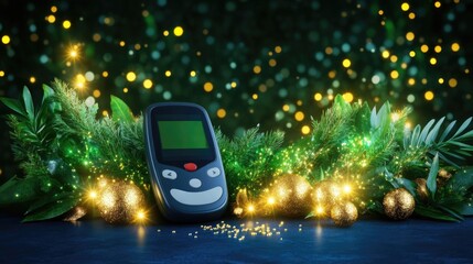 Festive world diabetes day concept with glucometer and holiday decorations - awareness and support