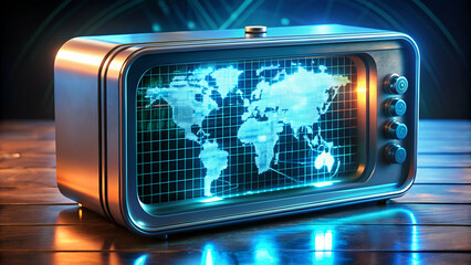 Obraz premium A retro alarm clock displaying digital holograms of future times and dates.