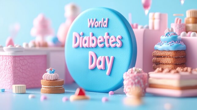 World diabetes day celebration with blue and pink themed sweets and decor
