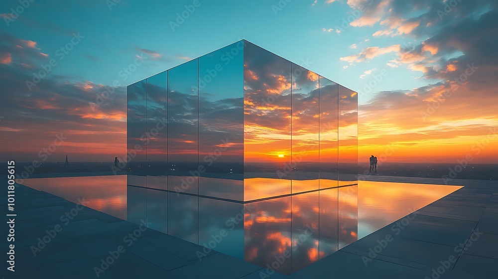 Poster a mirrored cube reflecting the sunset and sky with two figures standing in the foreground.