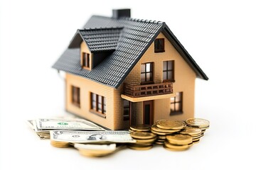 A detached house model and money are isolated on a white background. Generative Ai