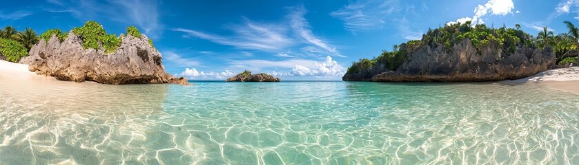 Obraz premium Crystal-clear lagoon nestled between rocky cliffs and white sands, with calm waters reflecting the tropical sky, evoking the essence of a paradise retreat