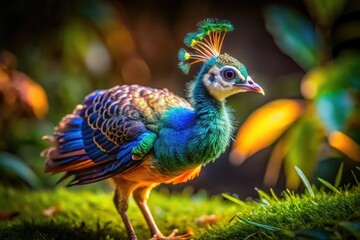 Obraz premium Adorable Baby Peafowl Strutting in the Garden Showcasing Its Colorful Feathers and Unique Charm