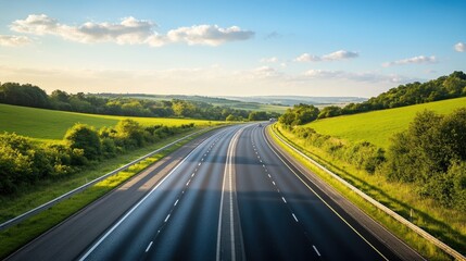Obraz premium Scenic Highway Under Blue Sky with Green Fields
