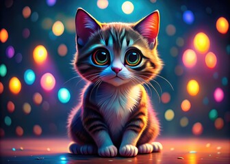 Adorable Cartoon Cat with Big Eyes Sitting Playfully on a Colorful Background, Perfect for Kids' Designs