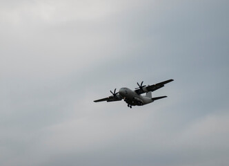 Military transport turboprop aircraft in flight