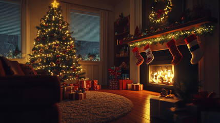 Enchanting Christmas Eve at Home: Cozy Fireside Memories with a Glowing Tree and Abundant Gifts Celebrating Holiday Magic and Joyful Togetherness
