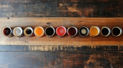 Top view of various craft beers in colorful glasses, served on the wooden bar counter of a minimalist pub, featuring amber ales, stouts, and lagers.