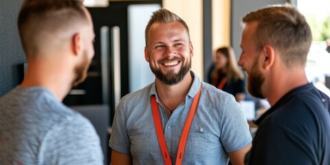 Fototapeta premium Networking Events: Depict a networking session at the festival where game developers and industry professionals connect and exchange ideas, showcasing collaboration.