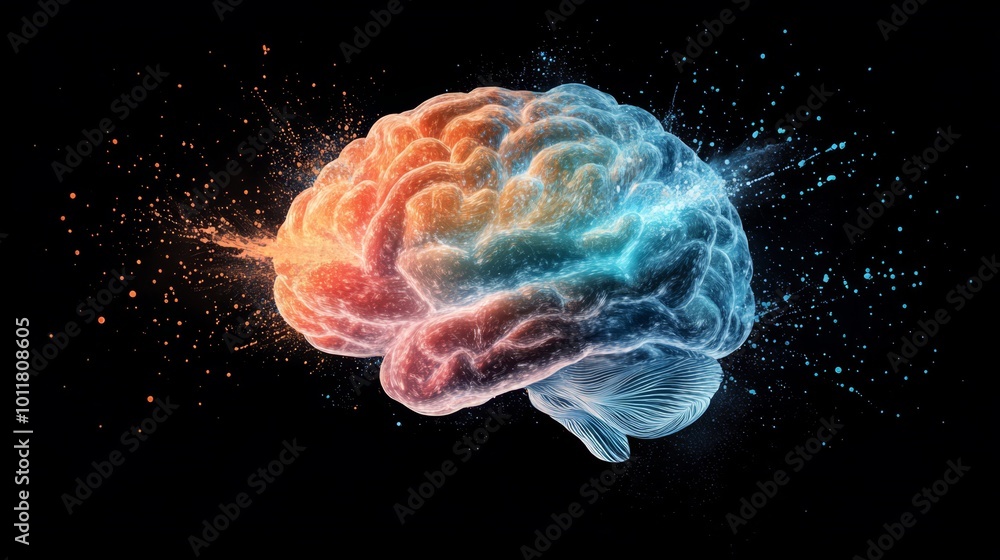 Poster a vibrant brain formed by swirling colors and dynamic light effects creates an engaging visual displ