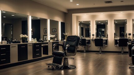An empty barber shop with multiple barber chairs and mirrors.
