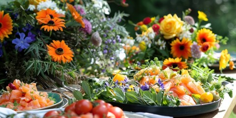 Vibrant floral arrangement on a table with colorful flowers and fresh ingredients. Outdoor garden party setup.