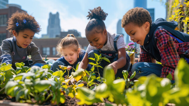 Diverse Group of Children Engaged in Gardening on a Rooftop Urban Garden with Cityscape in the Background