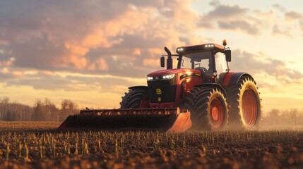 Fototapeta premium A tractor working in a field during sunset, highlighting agricultural activity.