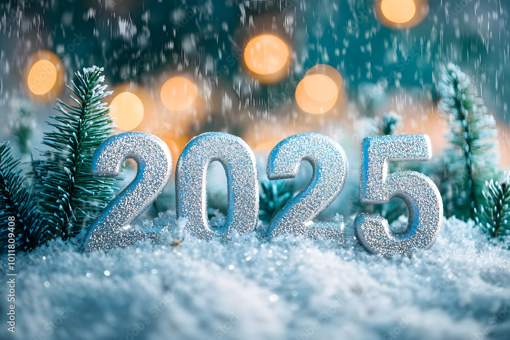 Poster glittering silver 2025 numbers nestled in snowy scene with miniature evergreen trees and twinkling b