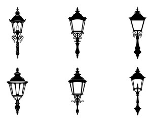 street light lamps and spotlights flat and line icon set. Old and modern street lamp black silhouette city vintage glowing in darkness road in dusk vector collection isolated on transparent background