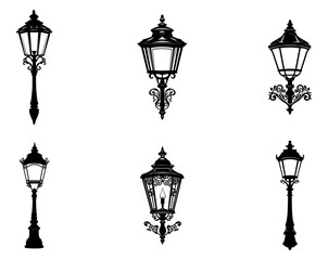 street light lamps and spotlights flat and line icon set. Old and modern street lamp black silhouette city vintage glowing in darkness road in dusk vector collection isolated on transparent background