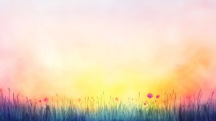 Fototapeta premium A serene landscape with colorful flowers and a vibrant sky, evoking calmness and natural beauty at sunrise or sunset.