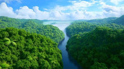 Obraz premium Aerial View of Lush Tropical Rainforest with Rivers and Waterfalls