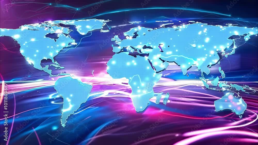 Poster a stylized world map illuminated with bright lines and points, representing global connectivity and 