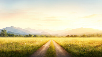 Fototapeta premium A tranquil landscape showcasing a dirt road through a golden field, framed by serene mountains under a warm sunset.