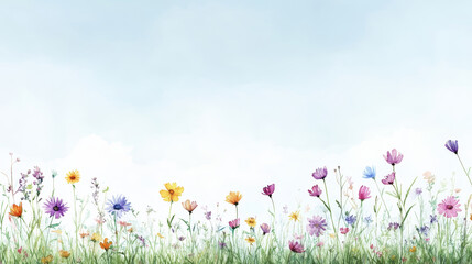 Obraz premium A beautiful floral landscape featuring colorful flowers under a serene blue sky, ideal for nature-themed projects.