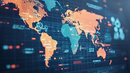 Obraz premium Futuristic global map with interactive gears and financial analytics, representing the mechanics of international trade and economy