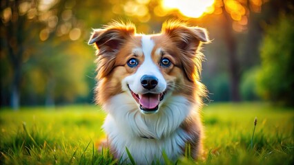 Fototapeta premium Adorable fluffy dog with bright eyes sitting on grass, showcasing cuteness and playful spirit