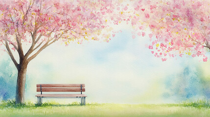 A serene park scene featuring a wooden bench beneath blooming cherry trees, perfect for relaxation and enjoying nature's beauty.