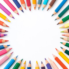 Fototapeta premium A vibrant arrangement of colored pencils encircling a blank space, ideal for creative projects and artistic inspiration.