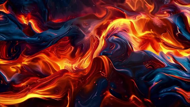 A vibrant abstract pattern resembling molten lava with swirling reds, oranges, and deep blues.