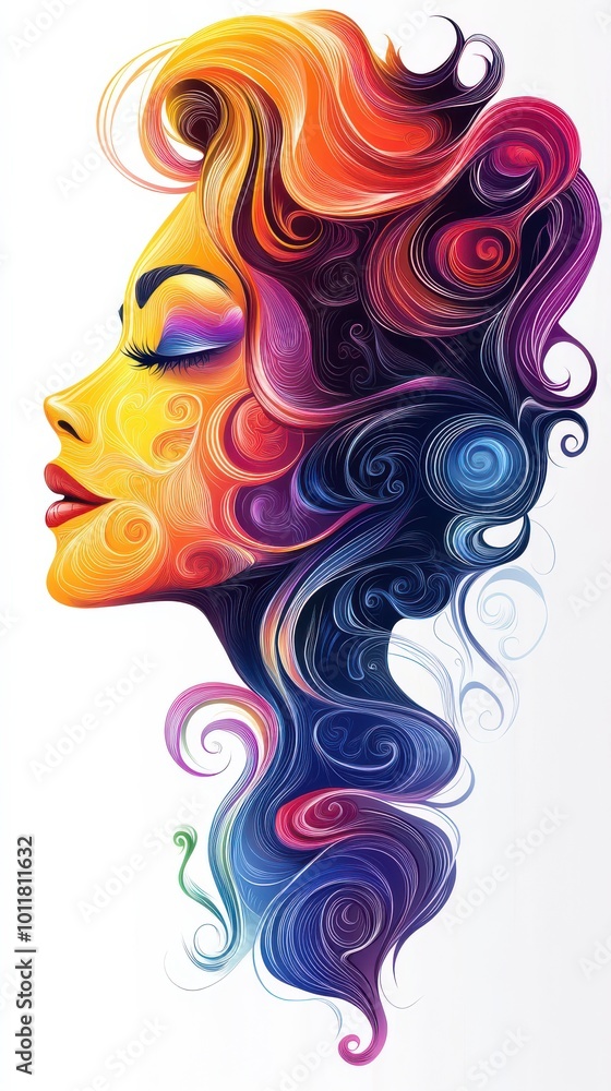 Poster abstract illustration of a woman's face with vibrant colors and swirling patterns creating an artist
