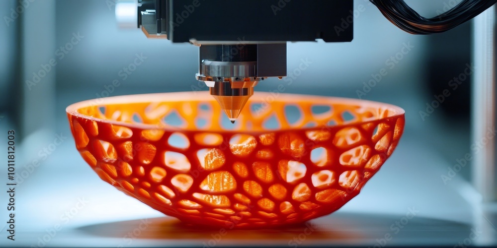 Poster 3D Printer in Action: Create an image of a 3D printer producing intricate designs layer by layer, showcasing modern manufacturing techniques.