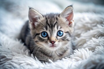 Adorable Gray Kitten with Striking Blue Eyes Posing Playfully on a Soft White Blanket