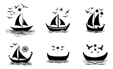 Wooden boat with sail stencil icon, vector illustration on white background.
