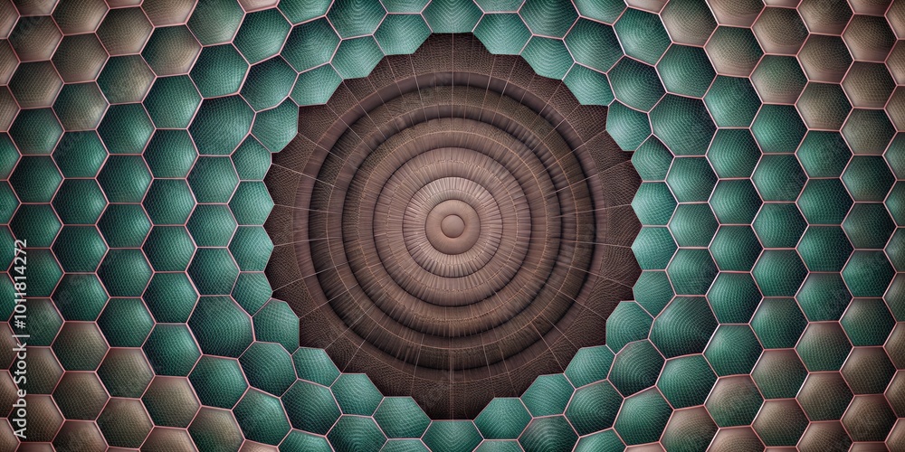 Poster Abstract hexagonal layers in shades of blue and brown.