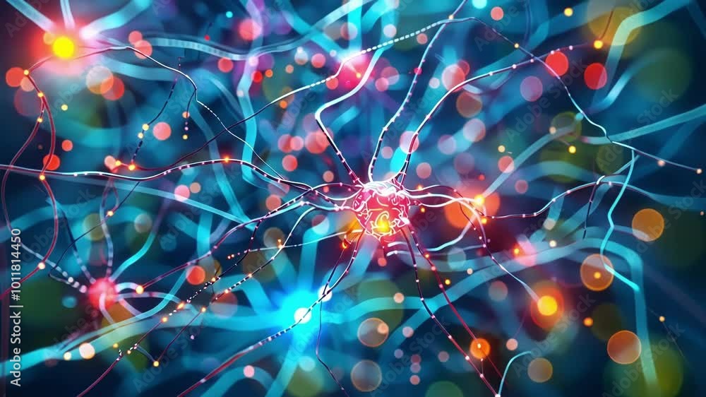 Poster vibrant 3d image of a neural network in the brain, showcasing the intricate communication of neurons