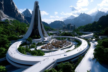 A futuristic city where people from all walks of life collaborate on building projects, symbolizing humanismâ€™s vision of progress, unity, and collective action in the future