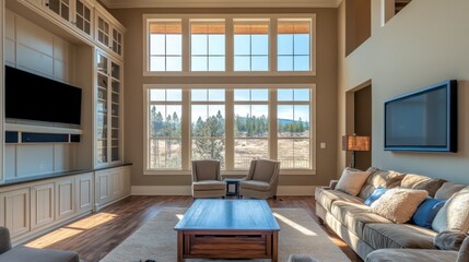 Modern Living Room with Large Windows and Scenic View