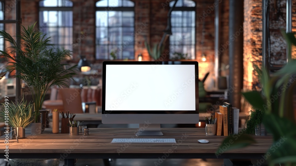 Poster a modern workspace featuring a blank computer screen and greenery in a stylish setting.