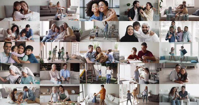 Zoom-in collage of different people, wellbeing and beautiful loving multicultural families with kids spending time together, interacting in warm, intimate environment. Relations, friendship, diversity
