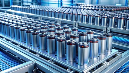 High-tech manufacturing setup with neatly aligned solid state batteries , solid state, batteries