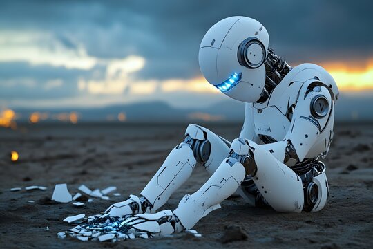 A robot sits on the ground, crying and looking at its broken body in front of it. It is in an apocalyptic wasteland with no trees or plants around. The sky is gloomy and gray.