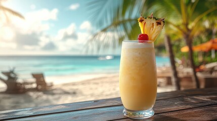 Refreshing pina colada cocktail on a tropical beach