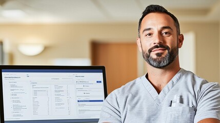 Fototapeta premium Digital patient registration system integrated with healthcare records on a computer monitor