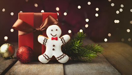 Fototapeta premium Christmas gingerbread man cookie and Christmas gift on wooden background