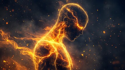Obraz premium A figure with glowing veins, pulsing with the fire of burnout as it spreads through their body.